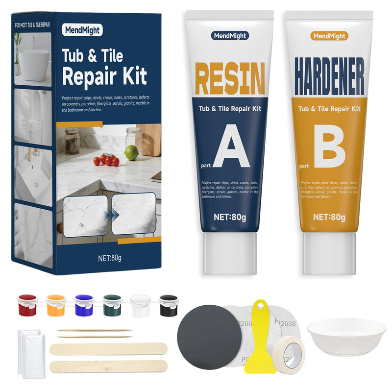 Tile & Bathtub Repair Kit (Color Match, 6-Color, 80g x 2, Total 160g), Porcelain Ceramic, Fixes Chips Dents Cracks Scratches for Marble Acrylic Fiberglass Granite Countertops & Bath Surfaces White