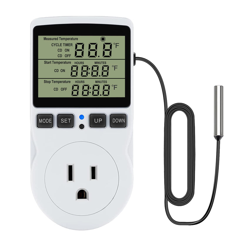 Plug in Digital Thermostat Temperature Controlled Outlet, 1800W 120V 15A Heating Cooling Control for Reptile, Incubation, Aquarium, Refrigerator, Home Brewing Without Backlit