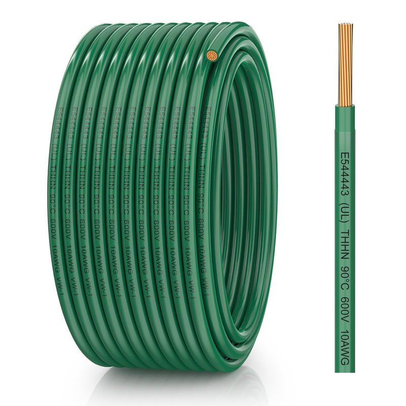 10 Gauge THHN Wire, 10 AWG Stranded Oxygen-Free Copper Wire, Flexible PVC/Nylon Jacket, 600V Rated Grounding Cable for Residential, Inverter, Electrical Box (30 FT, Green) 10awg 30ft