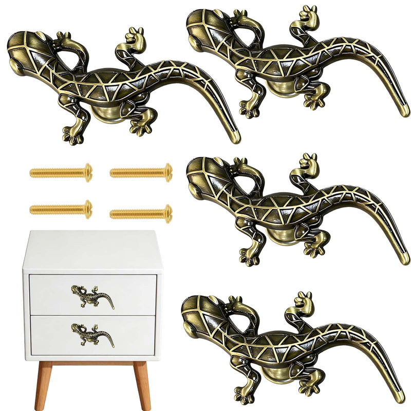 4 Pack Vintage Gecko Cabinet Knobs, Unique Animal Cabinet knobs | Single Hole Zinc Alloy Drawer Pulls With screws Easy to install for Kitchen, Wardrobes,Bookcases,Dresser,Closets Drawer Pull