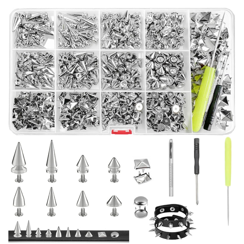 600 PCS Metal Studs and Spikes for Clothing, 8 Size Cone Spikes and Pyramid Studs,Screwback Studs Rivets Punk Accessories Kit for DIY Punk Style Clothes Bags Purse Collar Leather Craft Silver