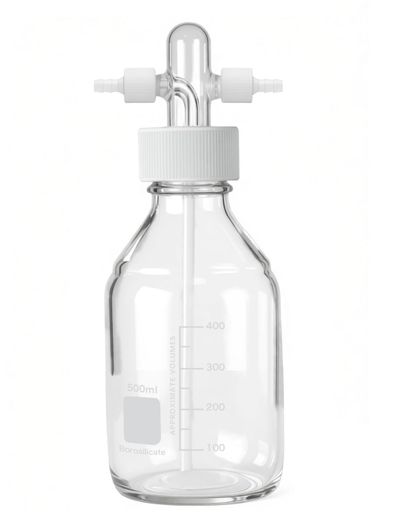 Lab Gas Washing Bottle with GL45 Screw Cap, Graduated Laboratory Buffer Bottles, Drechsel Head with Detachable Hose Connectors, 500ml, White PTFE Lid, Up to 250℃, Acid and Alkali Resistant PTFE-Caps