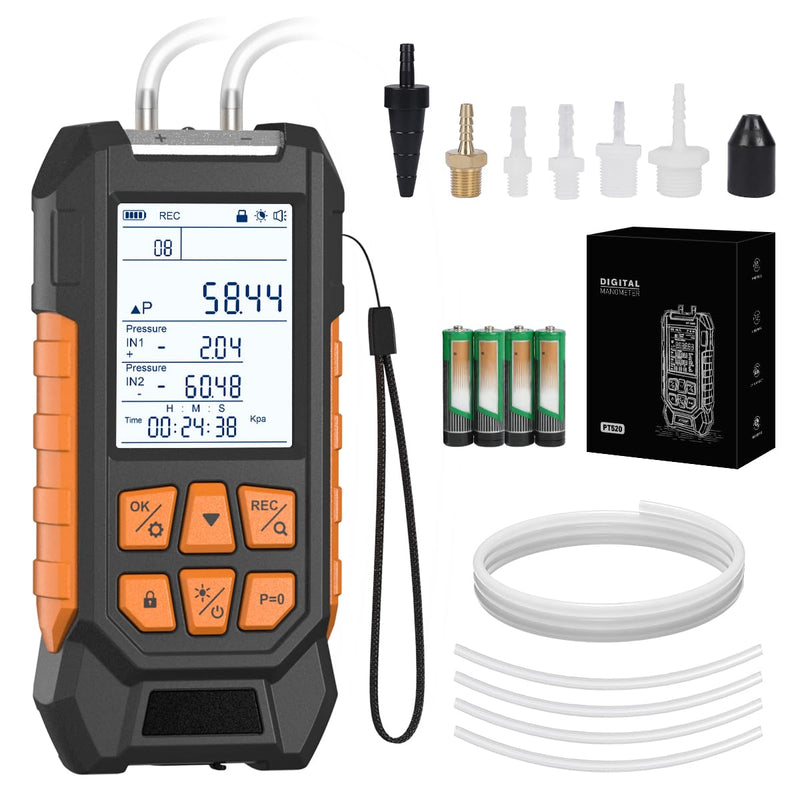 Manometer HVAC Gas Pressure Tester Dual Port Digital Manometer -14.65~29psi Differential Pressure Gauge with 10 Units, 7 Adapters, 29 Sets Data Storage&Hold, 2.8-in Backlit Display Air Pressure Meter Pro