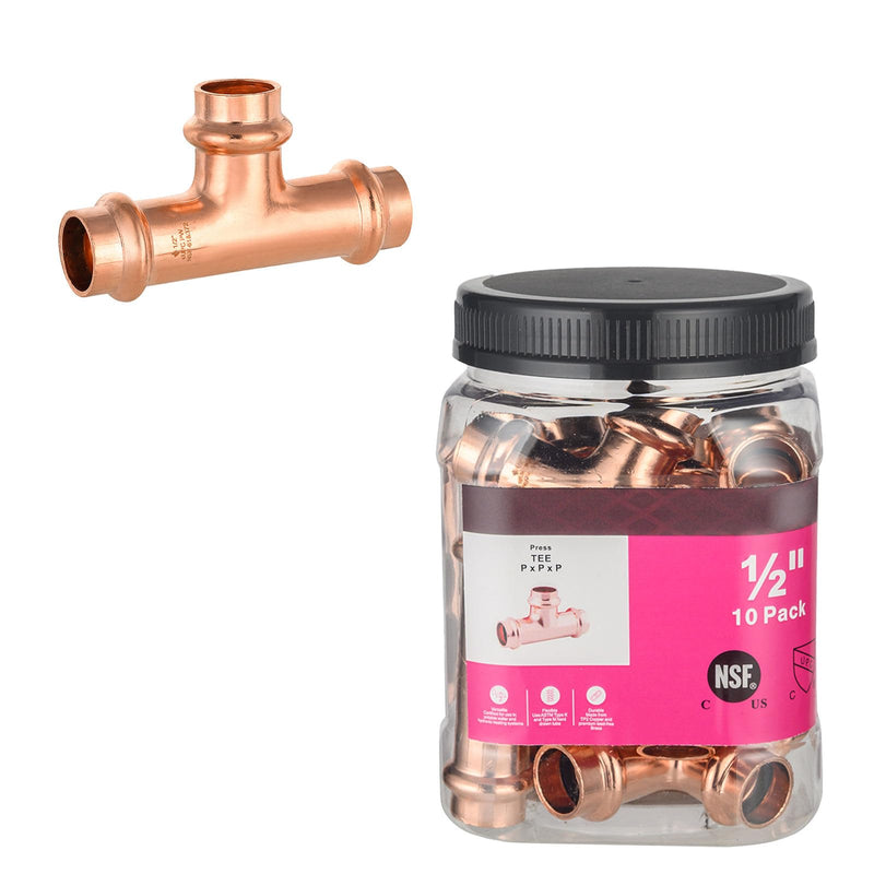 10 PCS Foskan Copper Press Fittings, 1/2" x 1/2" x 1/2"Press Fit Tee 10 0.5 Inch