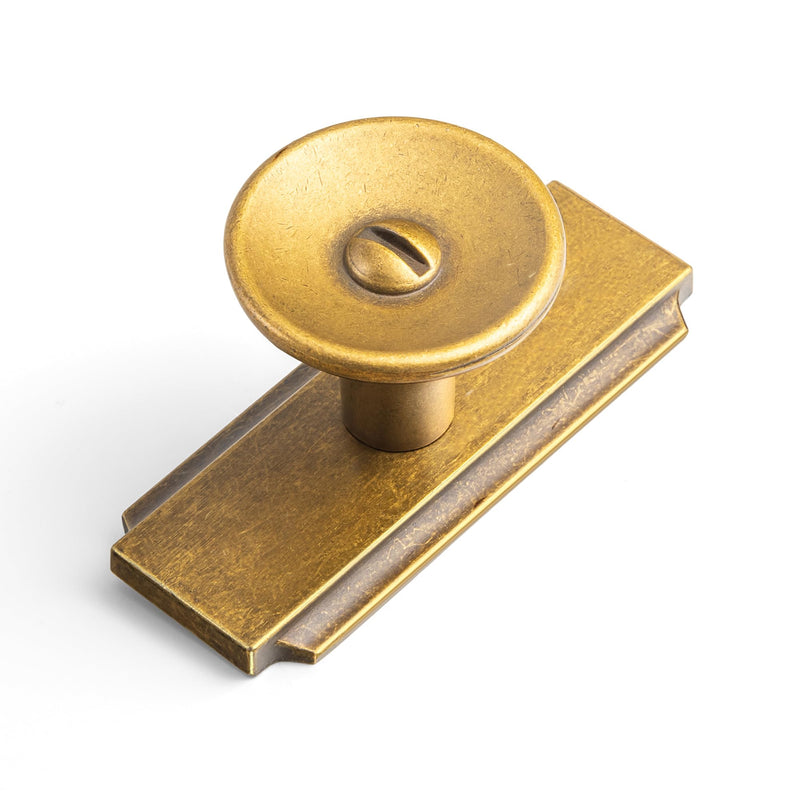 6 Pack Antique Brass Cabinet Knobs with Backplate, Vintage Stepped Plaquette Drawer Pulls, Industrial Concave Round Knobs for Farmhouse Kitchen, Bedroom Dresser and Furniture Restoration