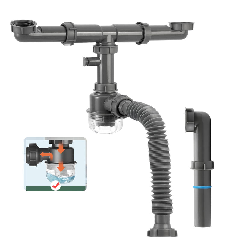 1-1/2 inch Kitchen Sink Drain Kit, space-saving kitchen drain with P-trap and extendable flexible hose (gourd overflow preventer) gourd overflow preventer Gray