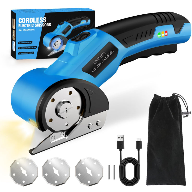 Cordless Electric Scissors,4V Rechargeable Cardboard Cutter Heavy Duty Scissor with Safety Lock & LED Light for Box Carpet Plastic Fabric(Blue)