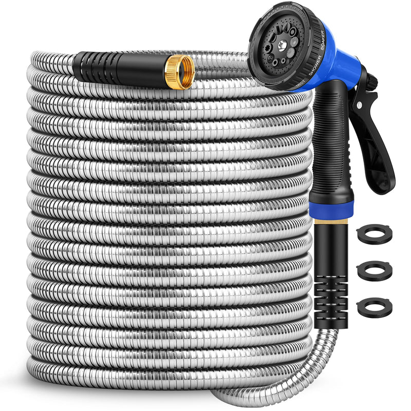 Garden Hose 50 ft, Stainless Steel Metal Hose, Flexible Water Hose with 10 Function Nozzle, Kink Free, Leak-Proof, Heavy Duty Hose for Yard, Outdoor, Lawn, RV, Car Wash and Camper Use 50FT