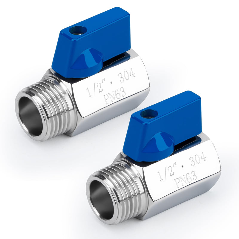 2 Pack 1/2" Mini Ball Valve, 304 Stainless Steel Water Flow Control Male x Female NPT Threaded Shut-Off Drain Valves with Quarter Turn Operation 1/2 Inch