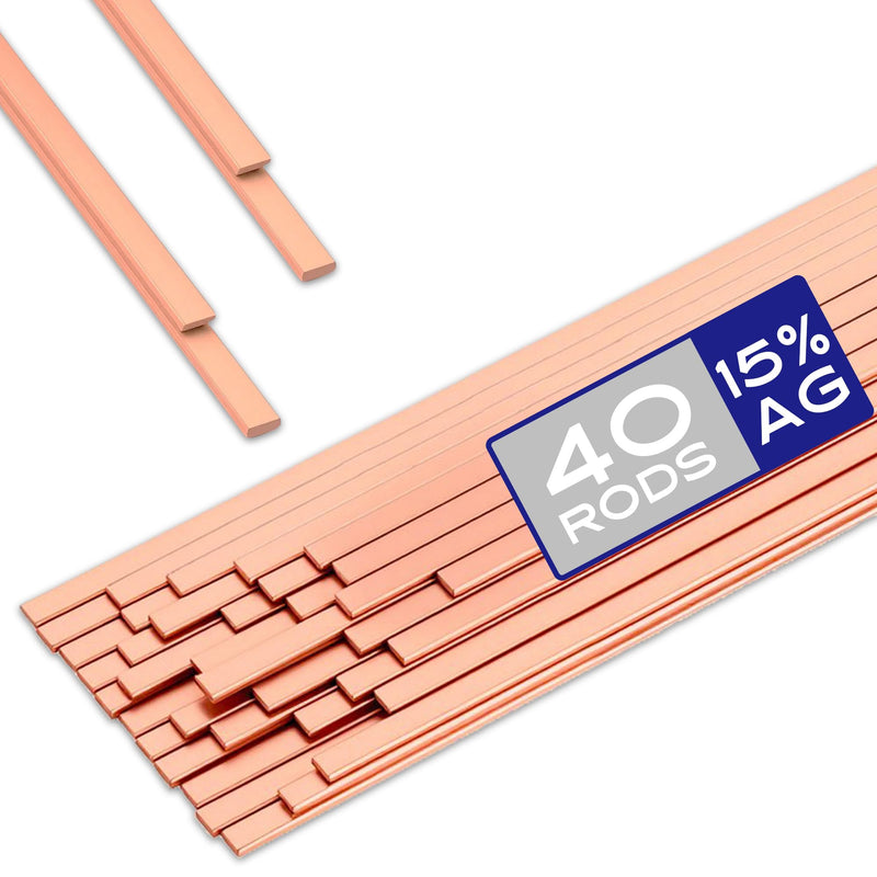 40PCS 15% Silver Brazing Rods, AWS BCuP-5 Silver Solder Sticks, Phos Copper Alloys Soldering Kit, 0.05"x0.13"x10" Flat Solution Welding Rods for HVAC, Air Conditioning, Refrigerator, Copper pipe 40