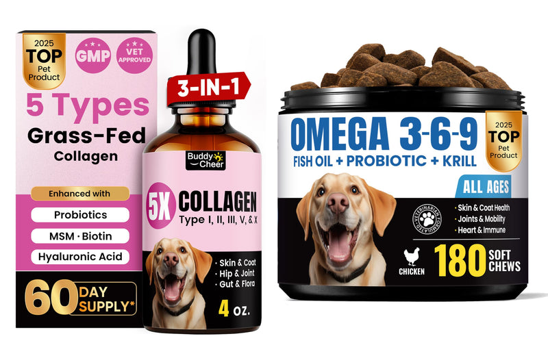 Dog Skin, Coat & Joint Support Bundle – Collagen Liquid Drops with Omega-3 Fish Oil Chews for Mobility & Skin Health