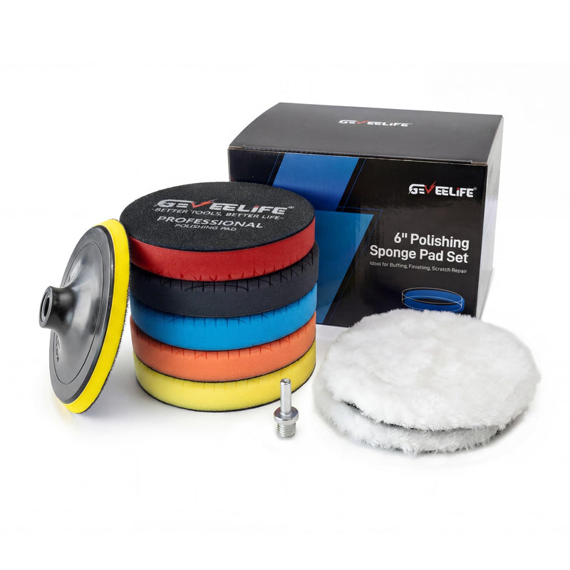 GEVEELIFE 9Pcs Buffing Polishing Pads Kit, 6 Inch Buffing Pads, Sponge & Woolen Pads with M14 Drill Adapter & Backing Plate for Car Care, Polishing, Washing, Cleaning, Waxing