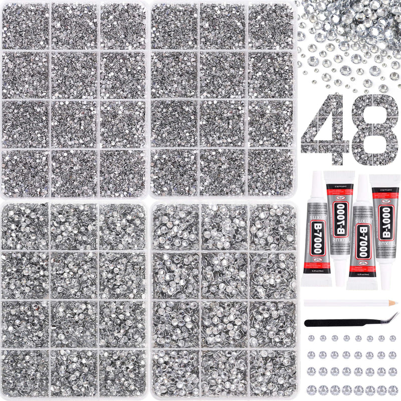 38000Pcs Bedazzling Kit with Rhinestones, Silver Clear Flatback Gems for Diamonds Art, 4 Boxes Bedazzler Kit Tweezers, Wax Pen & 4×10ml B7000 Jewelry Glue for Nail Art, Clothing, Crafts Set 01
