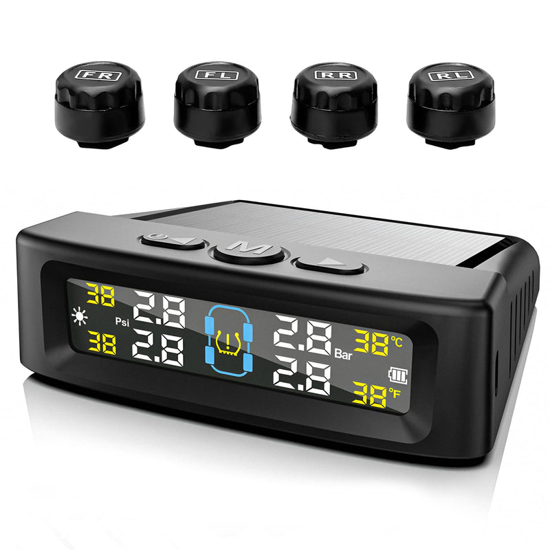 Tire Pressure Monitoring System, Wireless Tire Pressure Monitor with Solar/USB Charger & 4 External Sensors, 6 Alarm Modes Real-time LCD Display TPMS for Car Trailer Truck