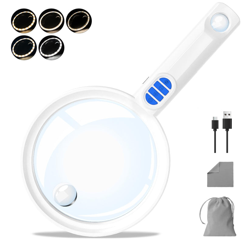 Large Magnifying Glass with Light, 54 LED Rechargeable Lighted Magnifier with 5 Color Modes & 20 Brightness Levels, 10X/20X/45X Handheld Magnifier for Seniors Reading, Coin Inspection