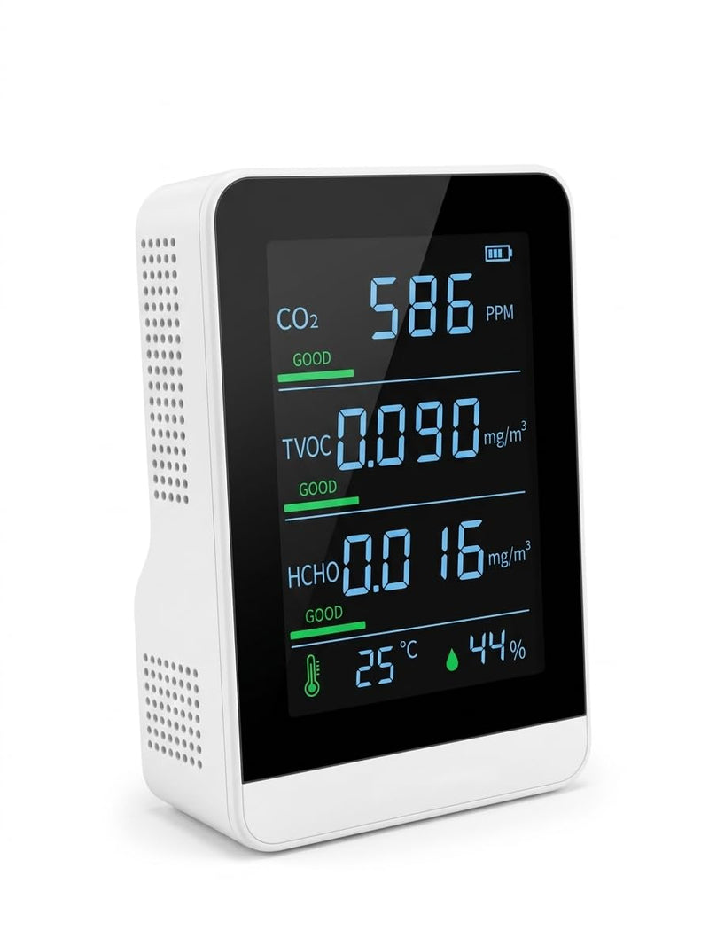 5-in-1 Indoor Air Quality Monitor, Professional CO2 Detector & Formaldehyde (HCHO) Tester, Portable TVOC Digital Hygrometer Thermometer for Home Office Car, White