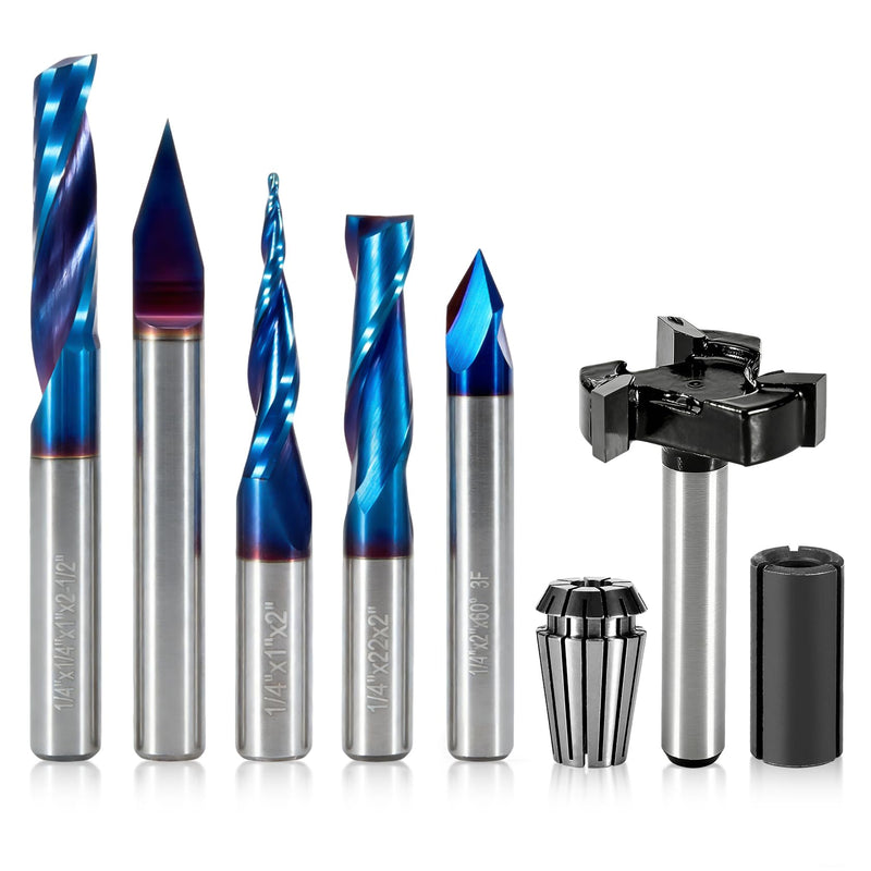 1/4" Shank CNC Router Bit Kit, Includes 1/4" ER16 Collet, V-bit, End Mills, Chamfering Bit for Woodworking MDF Resin Carving Lettering Sign Making, Nano Blue Coat & Titanium Coat