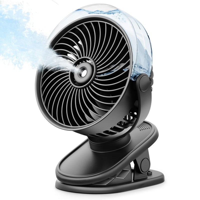 SWEETFULL Portable Misting Clip On Fan, USB-C Rechargeable Mini Personal Cooling Fan with 4 Speeds, 360° Rotatable, Quiet Cooling for Outdoor, Camping, Golf Cart, Travel, Stroller & Desk (Black) Black