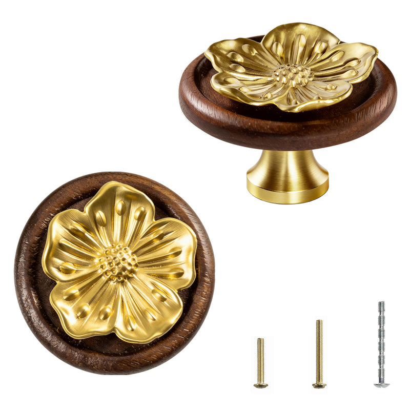 Solid Brass Gold Cabinet Knobs, 2 Inch Oversized Flower Drawer Pulls with Wood Base,4-Pack Modern Dresser Handles for Bathroom Vanity, Kitchen ,Cupboard and Furniture Hardware, Brushed Brass Finish