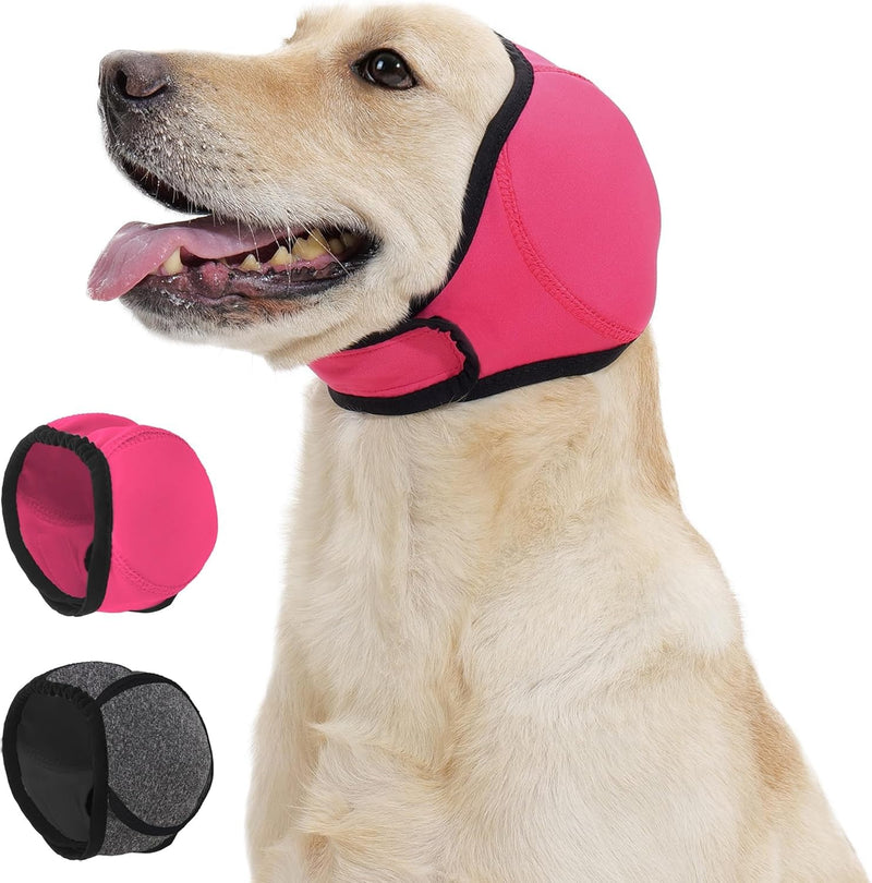 Dog Calming Hoodie Quiet Ear Cover for Noise Protection Anxiety Relief Ear Muffs, No Shake Ear Wraps for Dogs, Waterproof Swim Cap Bath Blow Dry Headband Wraps for Ear Hematoma Groom Fireworks(L,pink) ROSE RED Large(Head Circle:18"-24")
