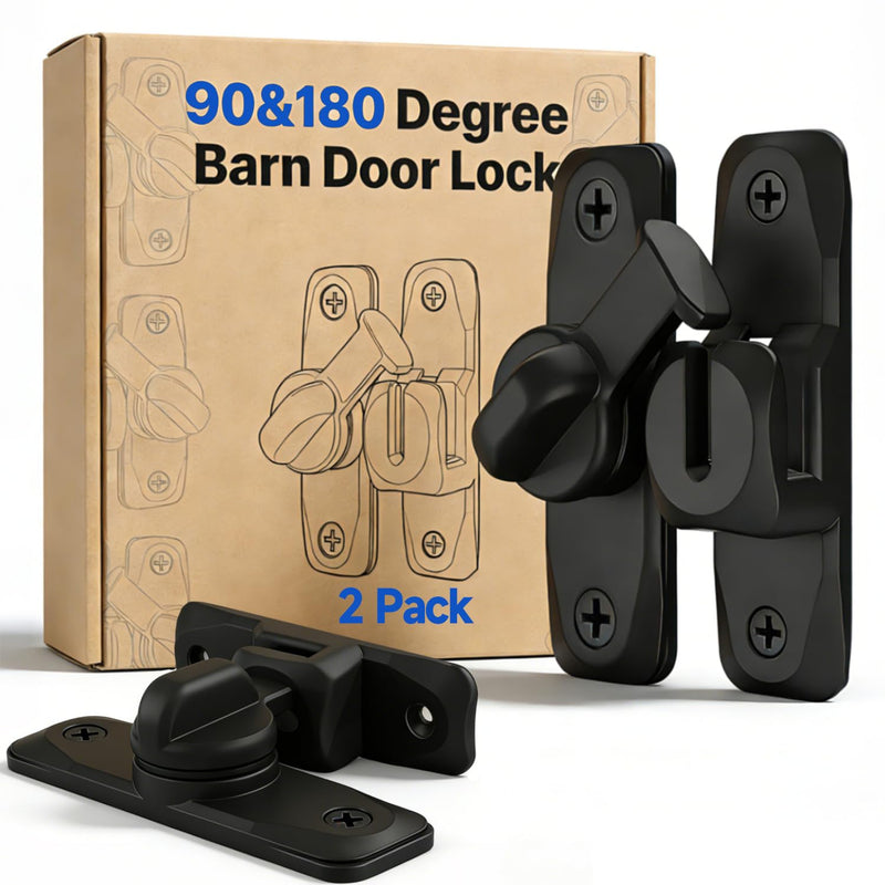 Barn Door Lock and Latche: Black 90/180 Degree Latch, Sliding Barn Door Locks, Small Sliding Gate Latch, Zinc-Alloy Bifold Door Latch for Cabinets, Bathroom, Window, Outdoor, Child Proof (2 Pack) 2 Pack
