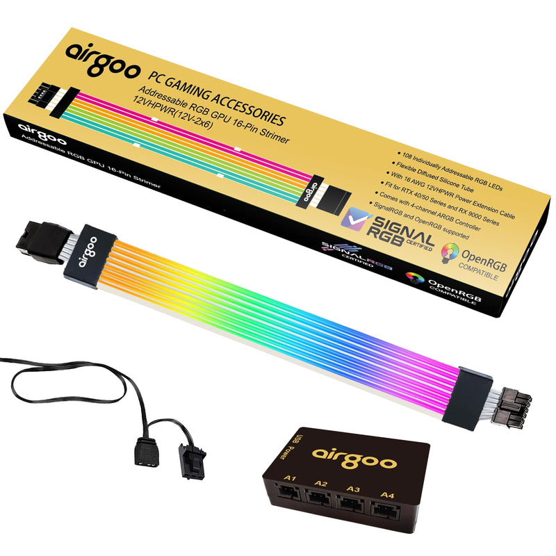 Airgoo Addressable RGB GPU Strimer, ARGB GPU 16-Pin Power Extension Cable | 108 High-Density LEDs with High-Diffusion Silicone Tube, GPU 12VHPWR, Come with ARGB Controller Support SignalRGB OpenRGB GPU 12+4 pins