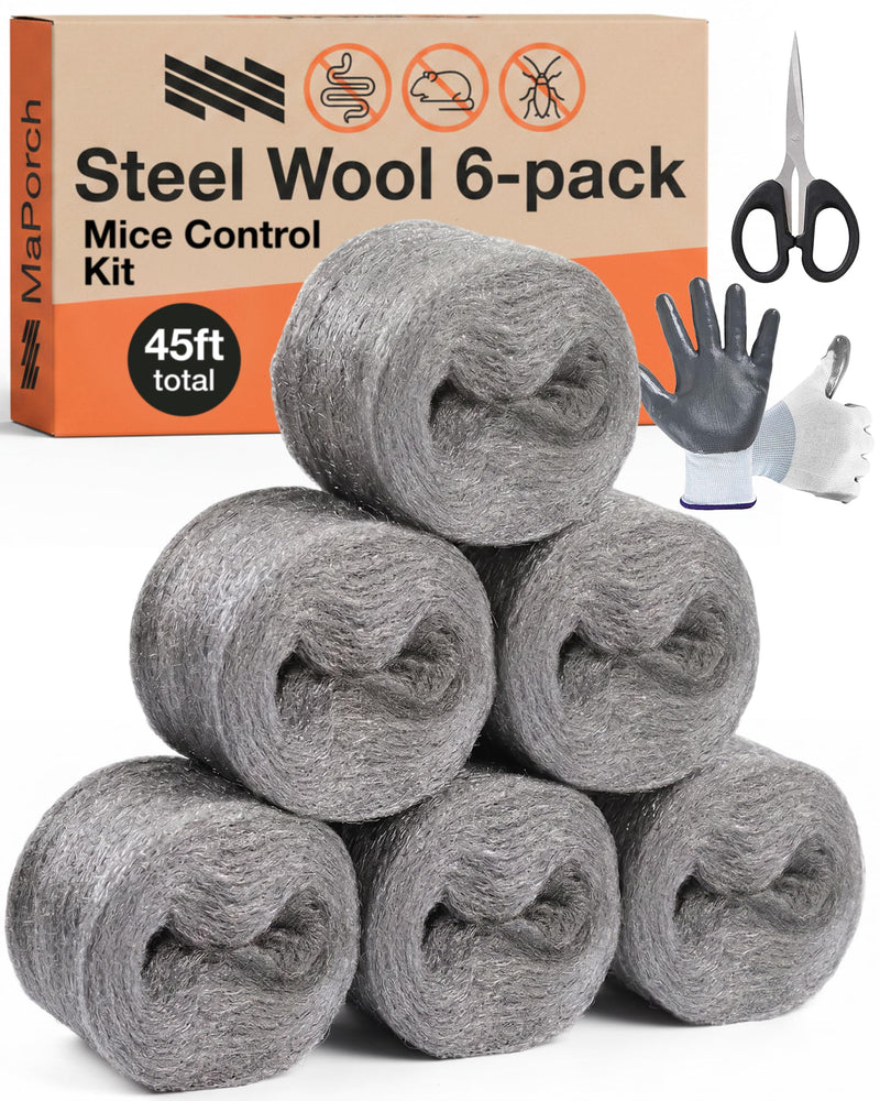 MaPorch 6-pc Steel Wool Mice Control, Mouse Hole Filler, Scissors & Gloves 6-Pack