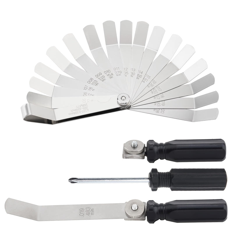Offset Valve Tappet Gauge Set, 16-Blades Feeler Gauge with Two Handles (0.005" - 0.020 inch/0.127mm - 0.508 mm Dual Size) & Screwdriver