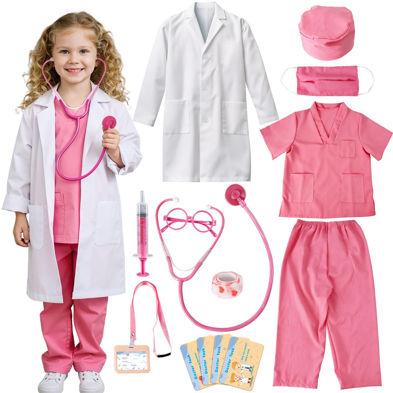 UNGLINGA Doctor Costume for Girls - Kids Scrubs with Lab Coat Stethoscope, Doctor Dress Up for Halloween Career Day Role Play M (5–6Y)