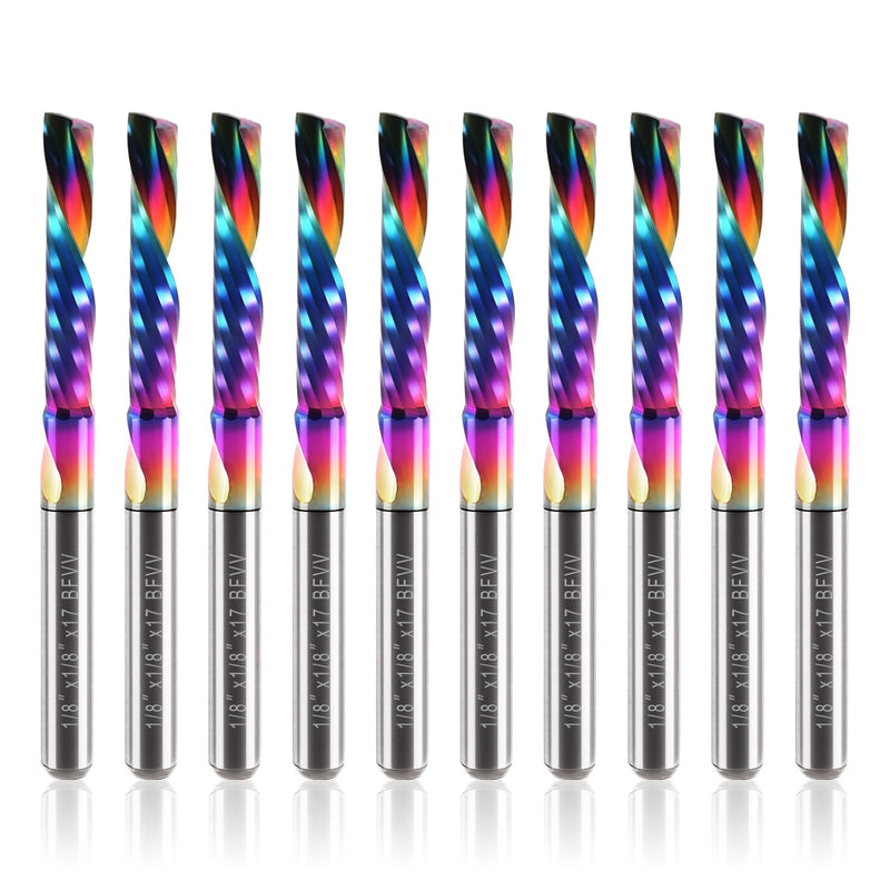 O Flute Router Bits 1/8 Inch Shank, Solid Carbide Down Cut End Mill with DLC Coating, Single Flute CNC Router Bit for Aluminium, Plastic, MDF, Wood and Acrylic, Pack of 10
