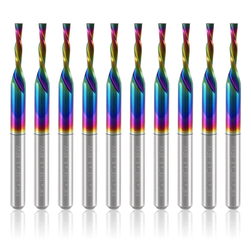 10 Pcs CNC Downcut Router Bits 1/8" Shank, 1/16" Cutting Dia. 2-Flute Flat Nose Carbide End Mill with DLC Coating, 1/2" CL, 1-1/2" OVL.Solid Carbide CNC Bit for Wood PVC MDF Hardwood Engraving 1/16"