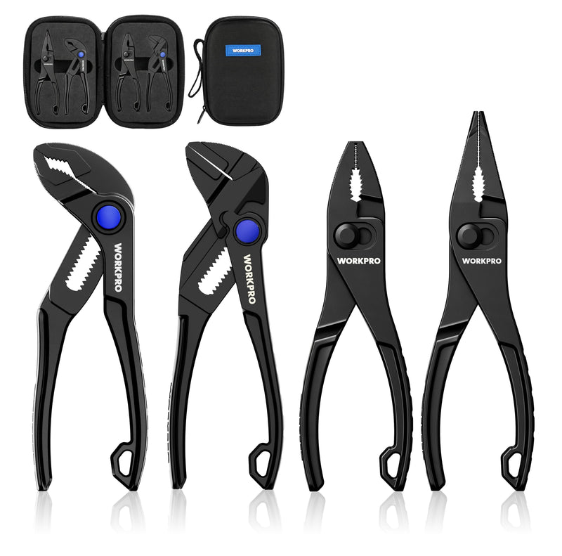 WORKPRO 4-Piece Mini Pliers Set with Pouch, Pocket Pliers Gift for Man | 4-Inch Plier Wrench, Slip Joint Plier, Water Pump Plier, 4.5-Inch Long Nose Slip Joint Plier, Alloy Steel, Anti-Rust Coating Black 4-Pieces Pliers Set