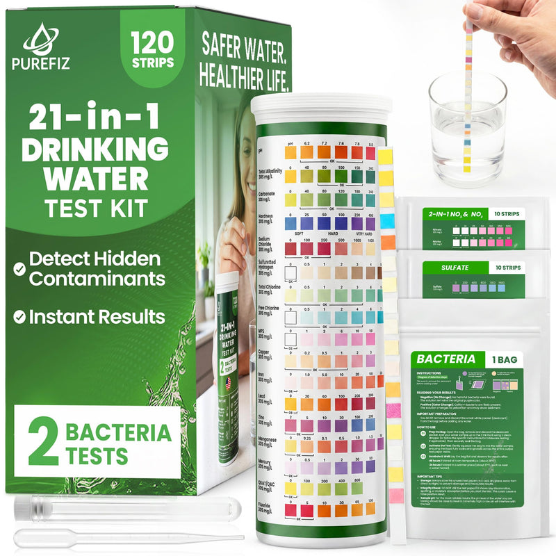 21-in-1 Drinking Water Test Kit – 120 Strips + 2 Bacteria Tests – Easy DIY Testing for Tap, Well & Spring Water – Tests Lead, Fluoride, Iron, Hardness, pH, Chlorine, Copper, Bacteria & More Drinking Water Test Kit (120 Pack)