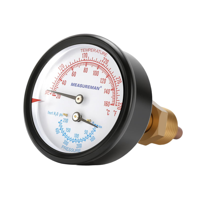 MEASUREMAN Commercial Tridicator Boiler Gauge Kit, 2.5" Dial, 0-200 PSI (ft H₂O) & 70-320°F, 1/4" NPT Back Mount with 1/2" NPT Adapter and O-Ring（2.95'' Stem） 0-200 PSI 60-320°F 2.95'' Stem,with 1/2" NPT Adapter