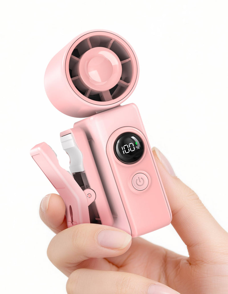 Portable Clip-On Mini Fan, Hands-Free, Turbo Personal Handheld Fans Rechargeable w/ 4 Wind & LED Display, Pocket Size Summer Cooling Essentials for Travel/Eye Lash/Beach/Concert, Gifts for Women(Pink) Pink