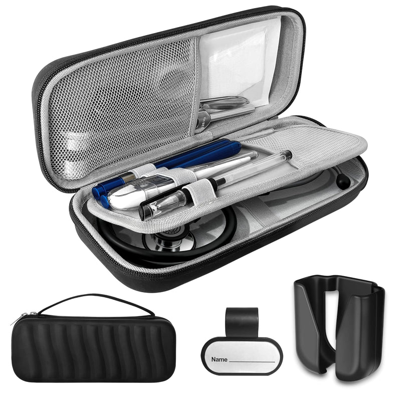 Stethoscope Case Compatible with 3M Littmann Classic III/Cardiology IV Diagnostic Stethoscopes/MDF Acoustic Stethoscopes/Lightweight II S.E,Includes Name Tag and Stethoscope Holder (Black) Black