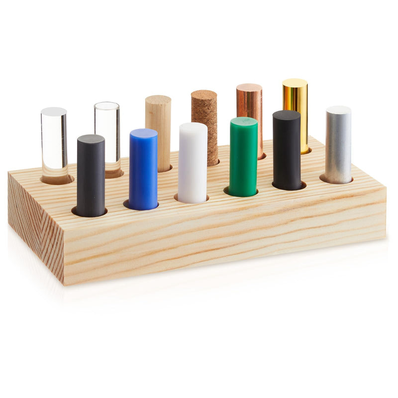 Yinkin 12 Pcs Cylindrical Bars Density ID Set, Hardwood, Softwood, Aluminum, Red Copper, Brass, Rubber, Pom, Nylon, PVC, Glass, Acrylic, PTFE with Block, for Density, Electrostatic Friction Experiment