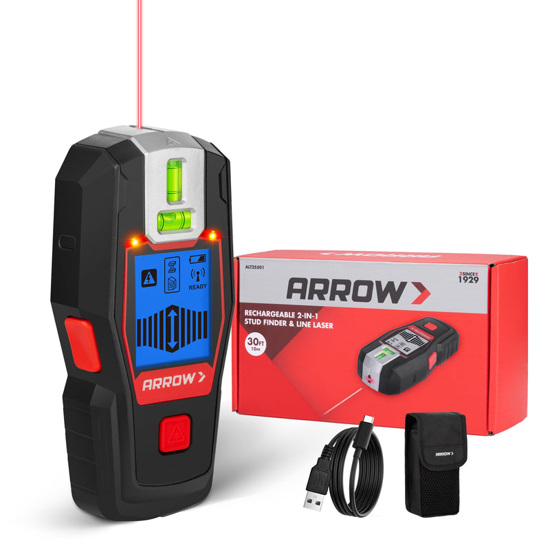 ARROW 2-in-1 Stud Finder with Laser Level, Rechargeable Wall Stud Scanner & Vertical Line Laser for Hanging Frames & Picture, Wood Ac Wire Metal Studs Joist Pipe Detection