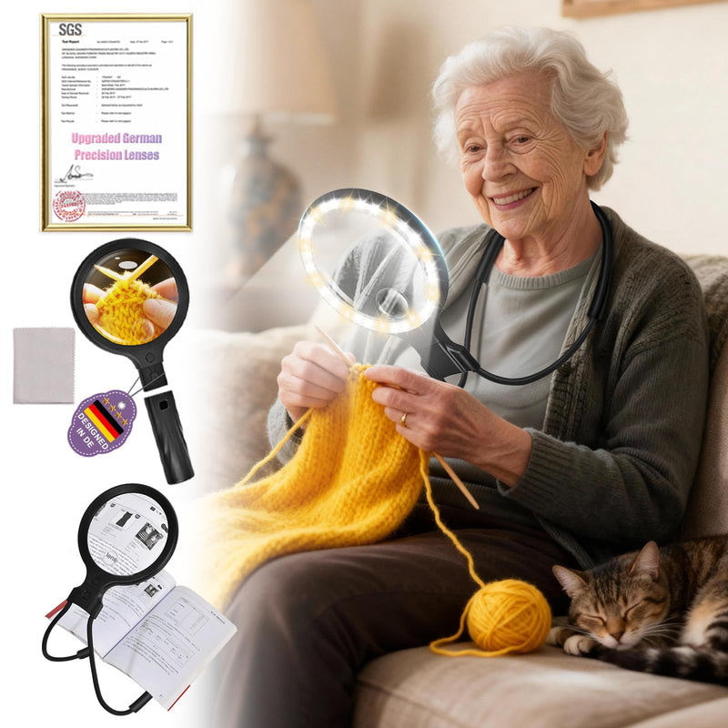5.0 Upgraded Magnifying Glass Hand Free【12X German Ultra-HD Lens】【Cloud Sponge Neck Protection】 3 Smart Mode Light, All-Purpose Magnifying for Reading, Cross Stitch, Craft Seniors Use (Black) Black