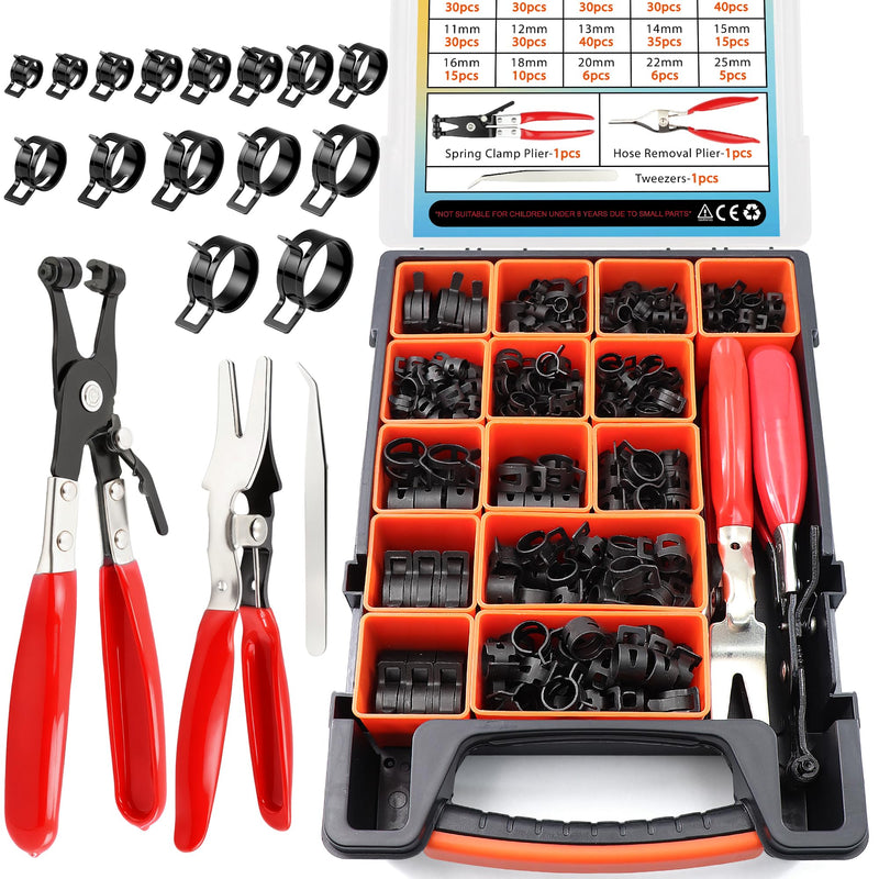 352Pcs 6-25mm Spring Band Hose Clamps Assortment Kit with Spring Clamp Plier & Hose Clamp Plier for Fuel Lines,Automotive,Marine,Gardening,Vacuum Hoses