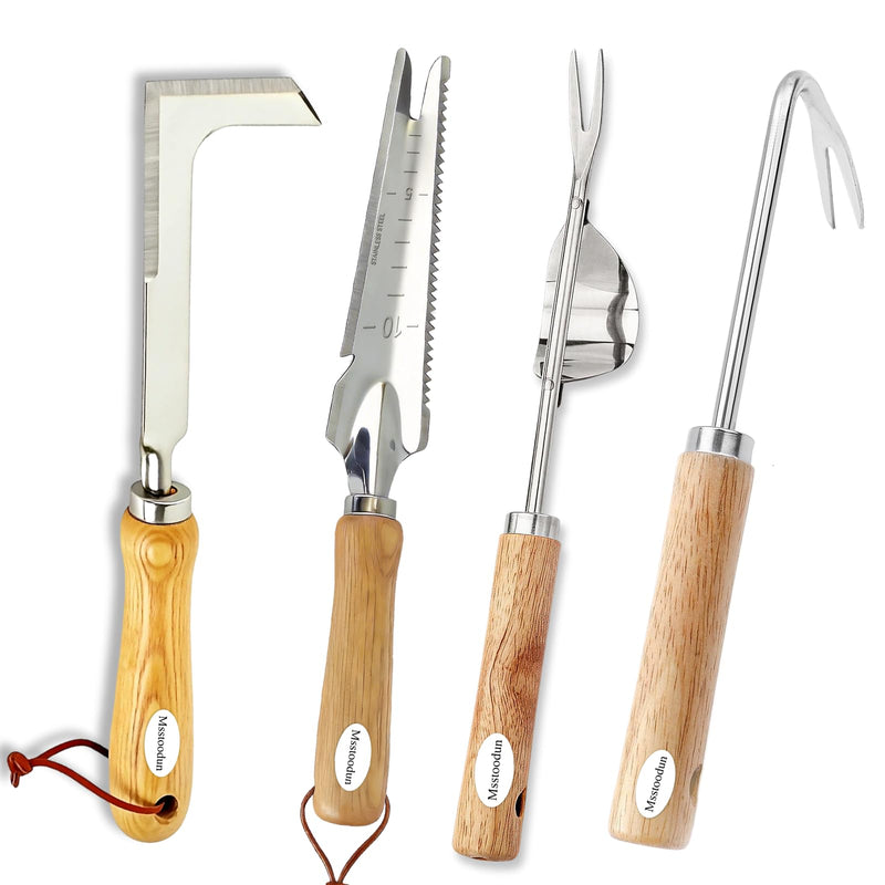 4PCS Garden Weeding Tool Set, Hand Weeder Tools with Wooden Handles, Double Claw Root Hook, V-Shape Weed Puller, Crack Weeder & Stainless Steel Garden Trowel for Digging, Planting & Weed Removal