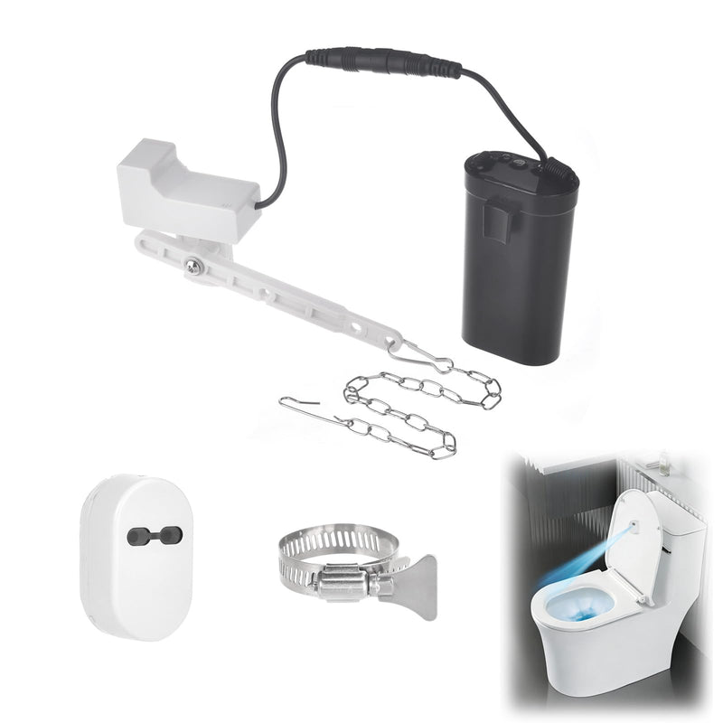 Automatic Toilet Flusher for Side, Front & Angled Mount Flapper Toilets | Touchless toilet flush kit with 12-16 in infrared sensing and rechargeable power while keeping the manual handle functional.