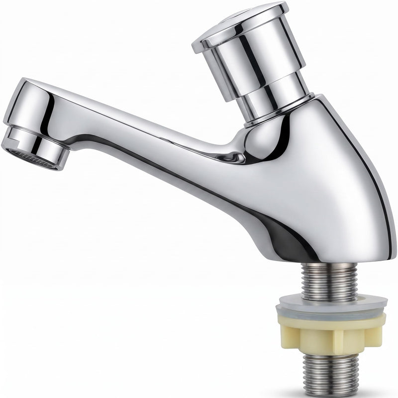 Time Delay Faucet G1/2 Thread, Self Closing Water Saving Tap Copper Chrome Plated, Single Cold Metering Valve for Public Outdoor and Laundry Utility