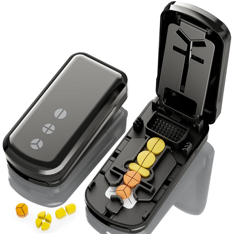 Pill Cutter Splitter for Small and Tiny Pills, 1/2 1/3 1/4 Pill Splitter for Small Pills,Vitamins, Tablets in Half or Quarters, Accurate and Easy Cutting, Stainless Steel Blade, Back Storage (Black) Black