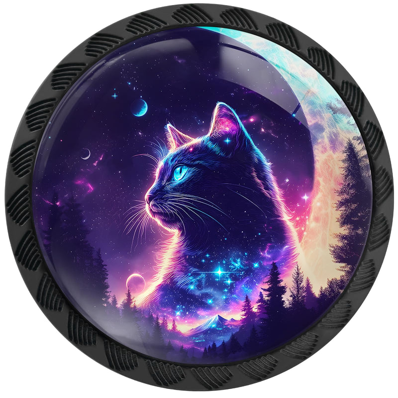 12 Pack Purple Cat Cabinet Knobs for Kitchen Bathroom | Fantasy Moon Night Drawer Pulls Round Black Dresser Handles Hardware for Desk Cupboard Wardrobe Closet Vanity Door Decor 12PCS - 1.37"L x 1.1"W Fantasy Purple Starry Sky Cat