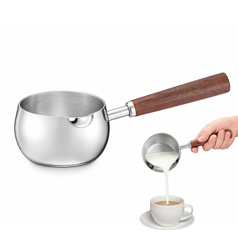 Milk Pot,500ML 17oz Stainless Steel Milk Butter Warmer Pot, Mini Sauce Pan | Milk Boiler with Wooden Handle, Heating Milk, Melting Butter, Warming Sauces