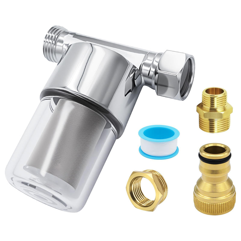 Reusable Inline Sediment Water Filter - 40 Micron Solid Brass Pre-Filter for Washing Machine, RV, Shower & Garden Hose - Explosion-Proof Clear Housing with 1/2" NPT & 3/4" GHT Adapters