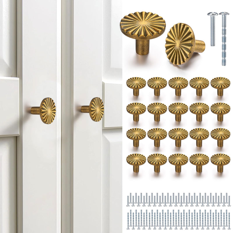 20 Pack Antique Brass Cabinet Knobs, Vintage Drawer Knobs Dresser Pulls Zinc Alloy Flat Kitchen Hardware Handles with Screws for Home Bathroom Cupboard Closet Wardrobe, 1.18" Diameter 20