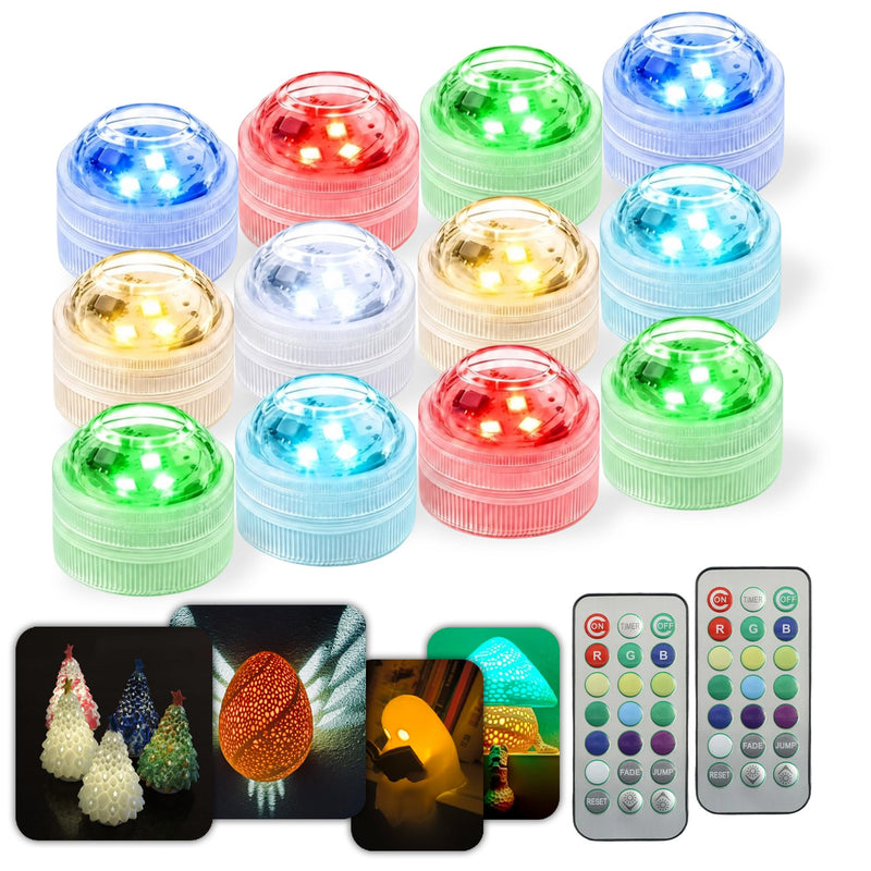 Mini Waterproof RGB LED Tea Lights with Remote Control for Bambu Lab KC020,3D Print Battery Powered LED Light Kit,Small Multicolor LED Flame Tea Light Candle Set for 3D Printing Projects(12 PCS) 12Pack