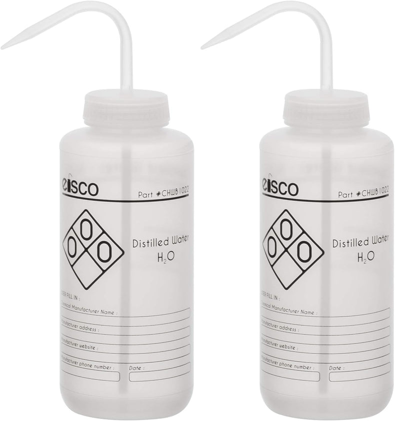 EISCO Wash Bottle for Distilled Water, 1000ml - Labeled with Chemical Information & Safety Information (1 Color) - Wide Mouth, Self Venting, Low Density Polyethylene (Pack of 2) 33.8 Ounces (Pack of 2)